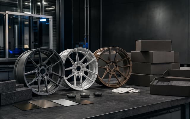 Conceptual forged wheel finishing and private-label packaging area