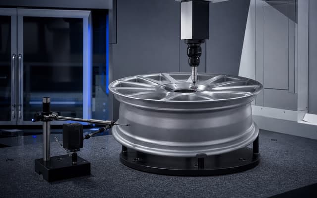 Conceptual wheel dimensional inspection in a dark quality laboratory