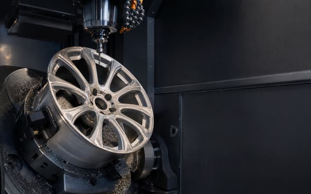 Conceptual view of a forged wheel being machined in a CNC production cell